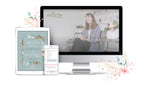 A digital product display featuring a workbook and an online counseling course with a woman speaking.