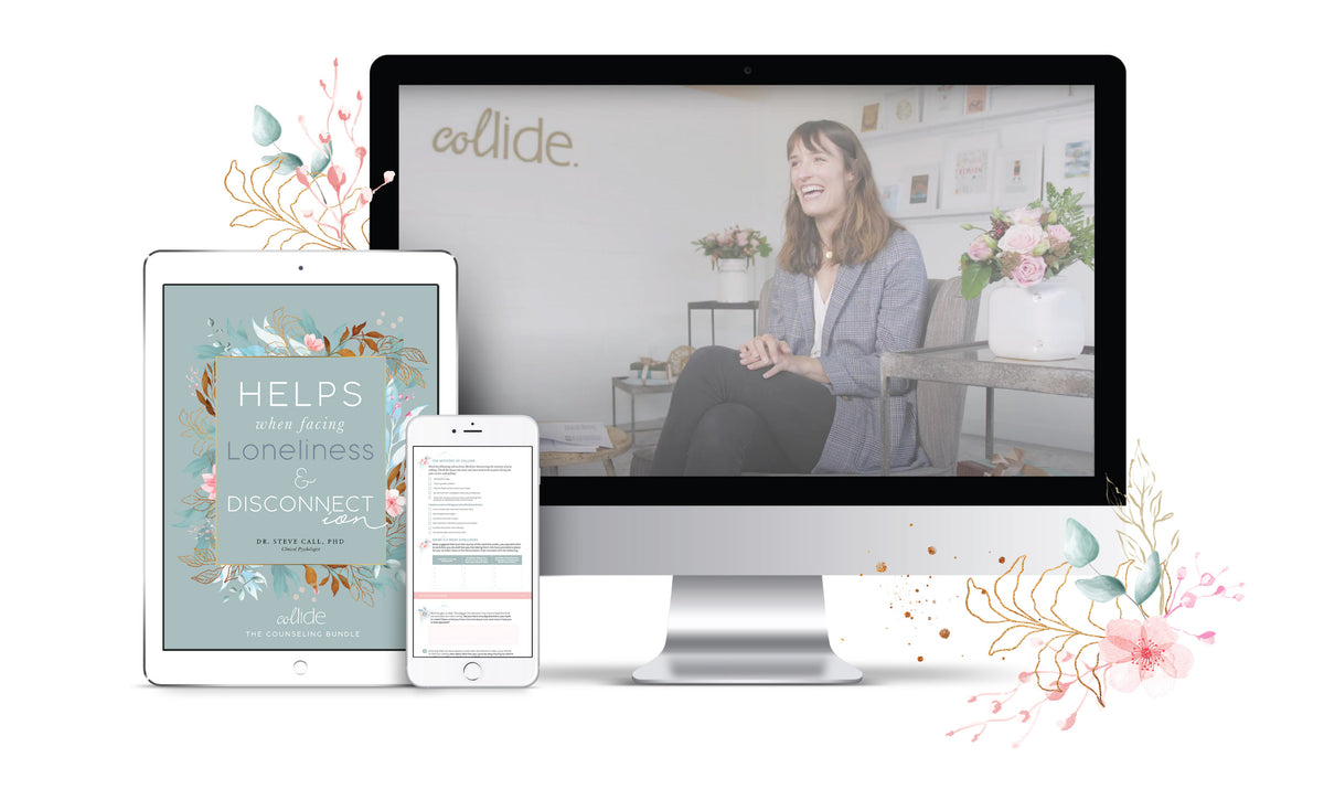 A digital product display featuring a workbook and an online counseling course with a woman speaking.