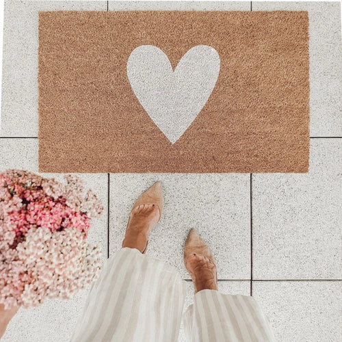 Coir Doormat with White Heart - CLEARANCE