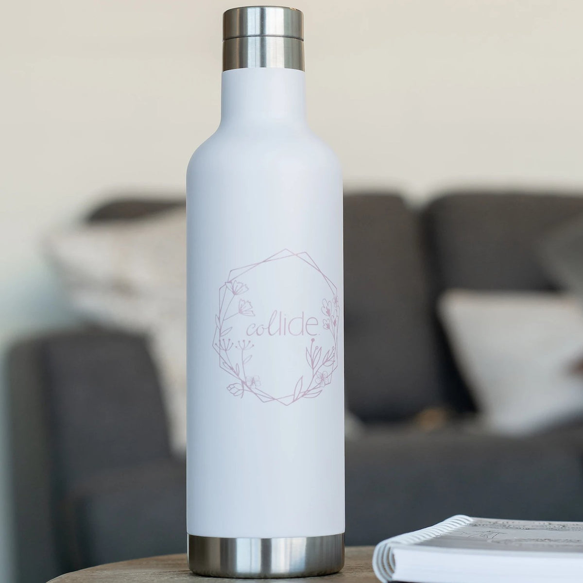 Collide White Water Bottle with Pink Logo